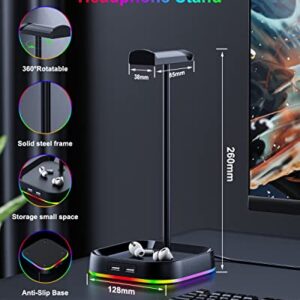 COSDIG RGB Gaming Headphone Stand for Desk,Headset Stand,Headphone Holder Storage with 3 USB and 3.5mm AUX Ports,Headphone Hanger Mount Gaming Earphone Accessories as PC Gamer Gift