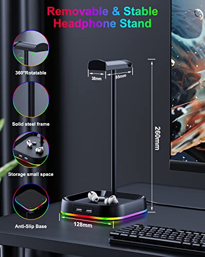 COSDIG RGB Gaming Headphone Stand for Desk,Headset Stand,Headphone Holder Storage with 3 USB and 3.5mm AUX Ports,Headphone Hanger Mount Gaming Earphone Accessories as PC Gamer Gift