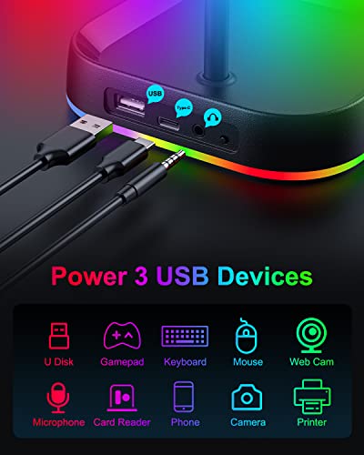 COSDIG RGB Gaming Headphone Stand for Desk,Headset Stand,Headphone Holder Storage with 3 USB and 3.5mm AUX Ports,Headphone Hanger Mount Gaming Earphone Accessories as PC Gamer Gift