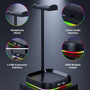 COSDIG RGB Gaming Headphone Stand for Desk,Headset Stand,Headphone Holder Storage with 3 USB and 3.5mm AUX Ports,Headphone Hanger Mount Gaming Earphone Accessories as PC Gamer Gift