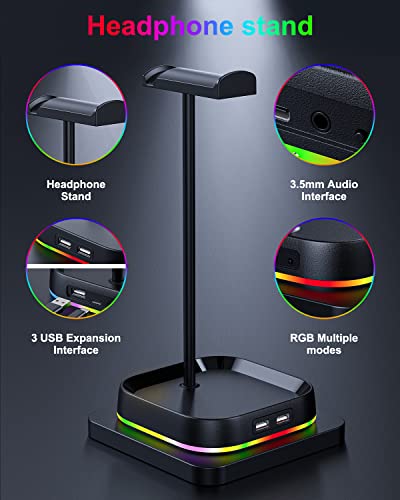 COSDIG RGB Gaming Headphone Stand for Desk,Headset Stand,Headphone Holder Storage with 3 USB and 3.5mm AUX Ports,Headphone Hanger Mount Gaming Earphone Accessories as PC Gamer Gift