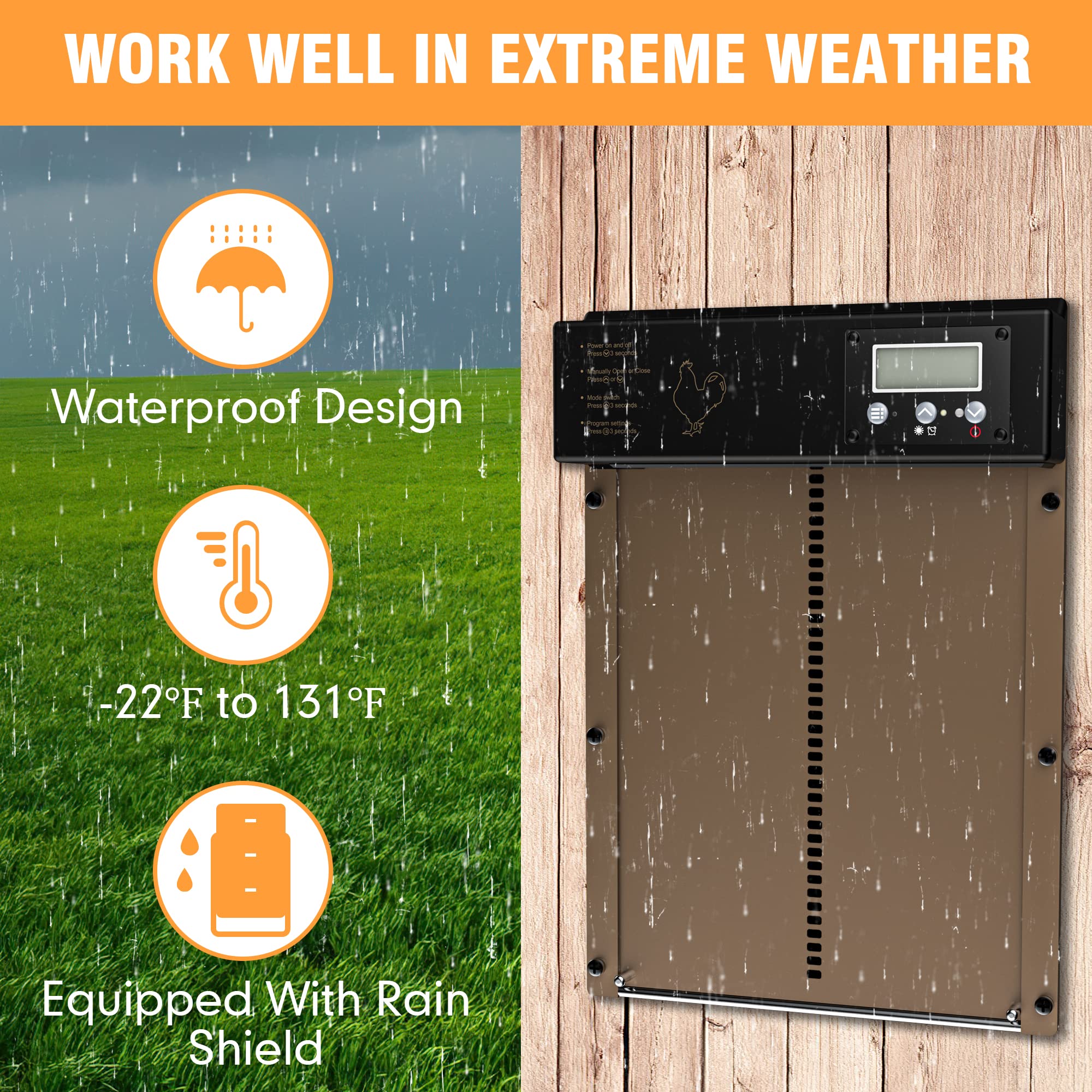 CODESFIR Automatic Chicken Coop Door Opener with Timer Remote Control Programmable Light Sensor, Battery Powered Auto Chicken Door with LCD Screen, Evening and Morning Delay, Aluminum Door