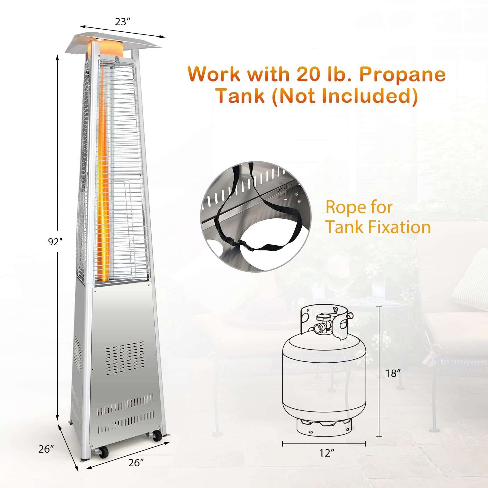 Tangkula Patio Propane Heater, 42,000 BTU Pyramid Outdoor Heater with Tip-Over and Flameout Protection, 92" Tall Quartz Glass Tube Portable Propane Heater with Wheels