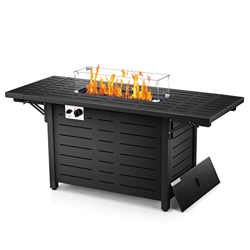 Havato 55" Propane Fire Pit Table,50,000 BTU Gas Fire Pit Table,with Glass Stone,Glass Wind Cover,Quick Auto Ignition Gas Firepit for Outside Picnic Backyard Garden