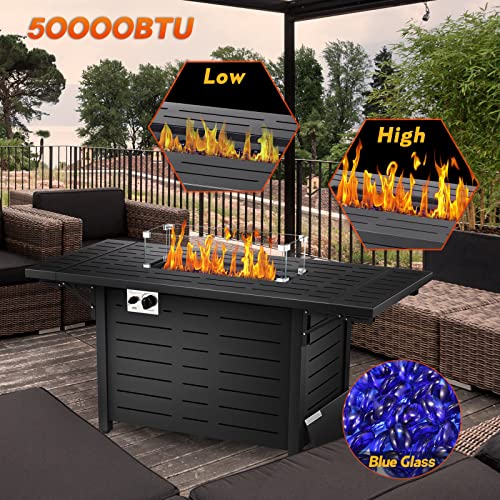 Havato 55" Propane Fire Pit Table,50,000 BTU Gas Fire Pit Table,with Glass Stone,Glass Wind Cover,Quick Auto Ignition Gas Firepit for Outside Picnic Backyard Garden