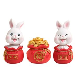nolitoy 3pcs 2023 miniature rabbit figures, chinese year of the rabbit ornament, resin bunny statue with lucky money bag for souvenir gift diy micro garden landscape bonsai
