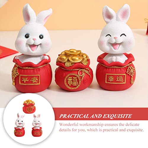 NOLITOY 3PCS 2023 Miniature Rabbit Figures, Chinese Year of The Rabbit Ornament, Resin Bunny Statue with Lucky Money Bag for Souvenir Gift DIY Micro Garden Landscape Bonsai