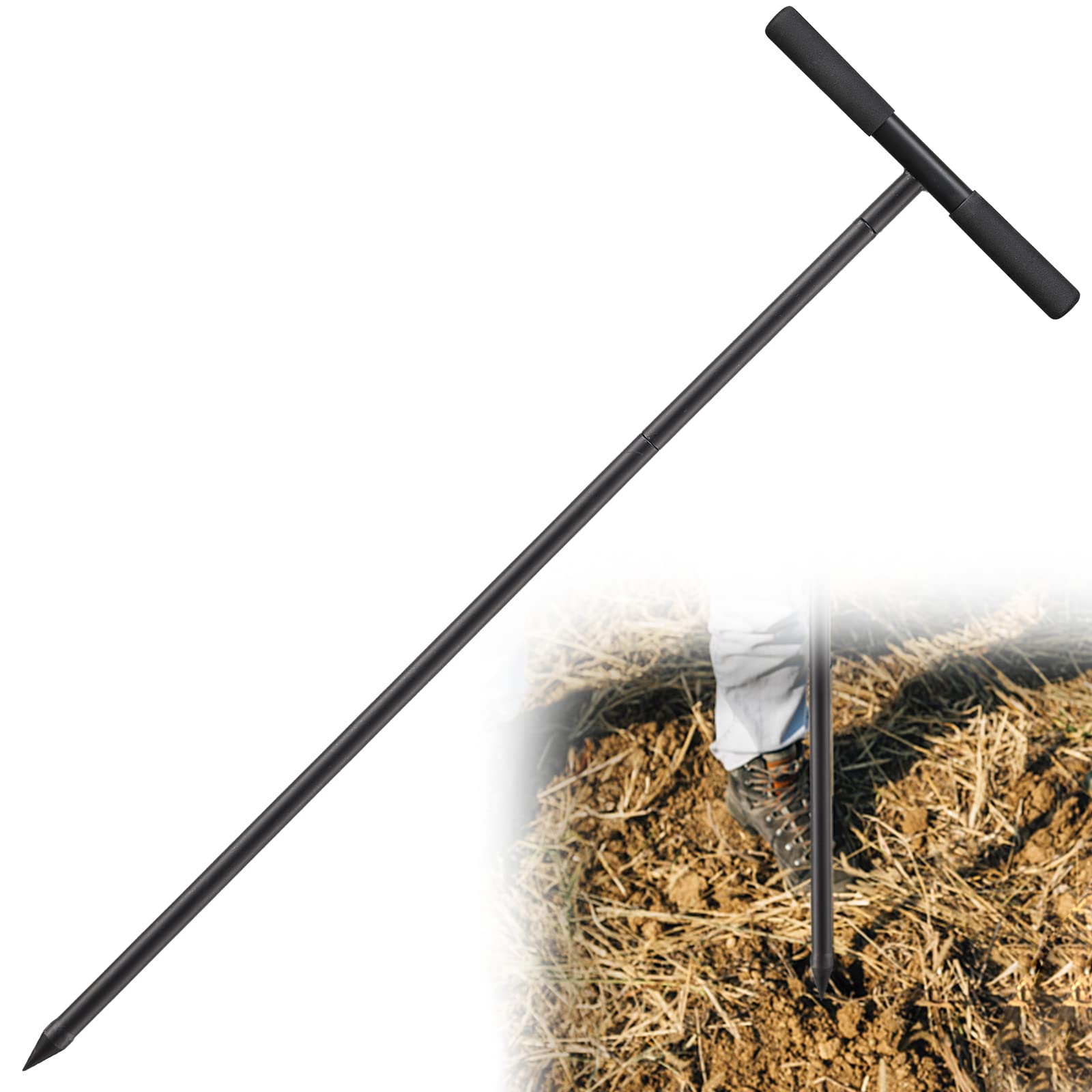 cogardenshower Metal Soil Probe Rod - Septic Tank Locator Tool with T Handle,32-48 Inch Adjustable Ground Probe Rod Steel for Tile Probing,Soil Compaction, Pipe and Gopher Runs Locating