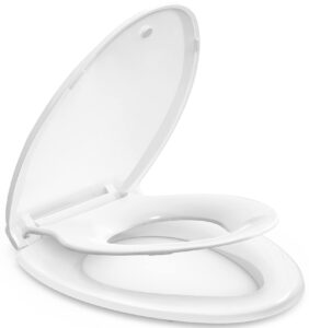 thorifly toilet seat with built-in potty training seat, slow-close, never loosen, thickened durable plastic, easy to clean and install, fits both adults child, elongated white (18.5")