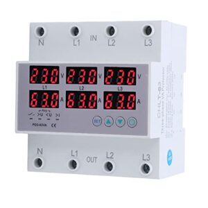 fewb digital 3 phase din rail voltmeter ammeter, ac 390‑500v electricity usage monitor power meter voltage amps watt kwh frequency power factor meter multimeter current power tester(63a)