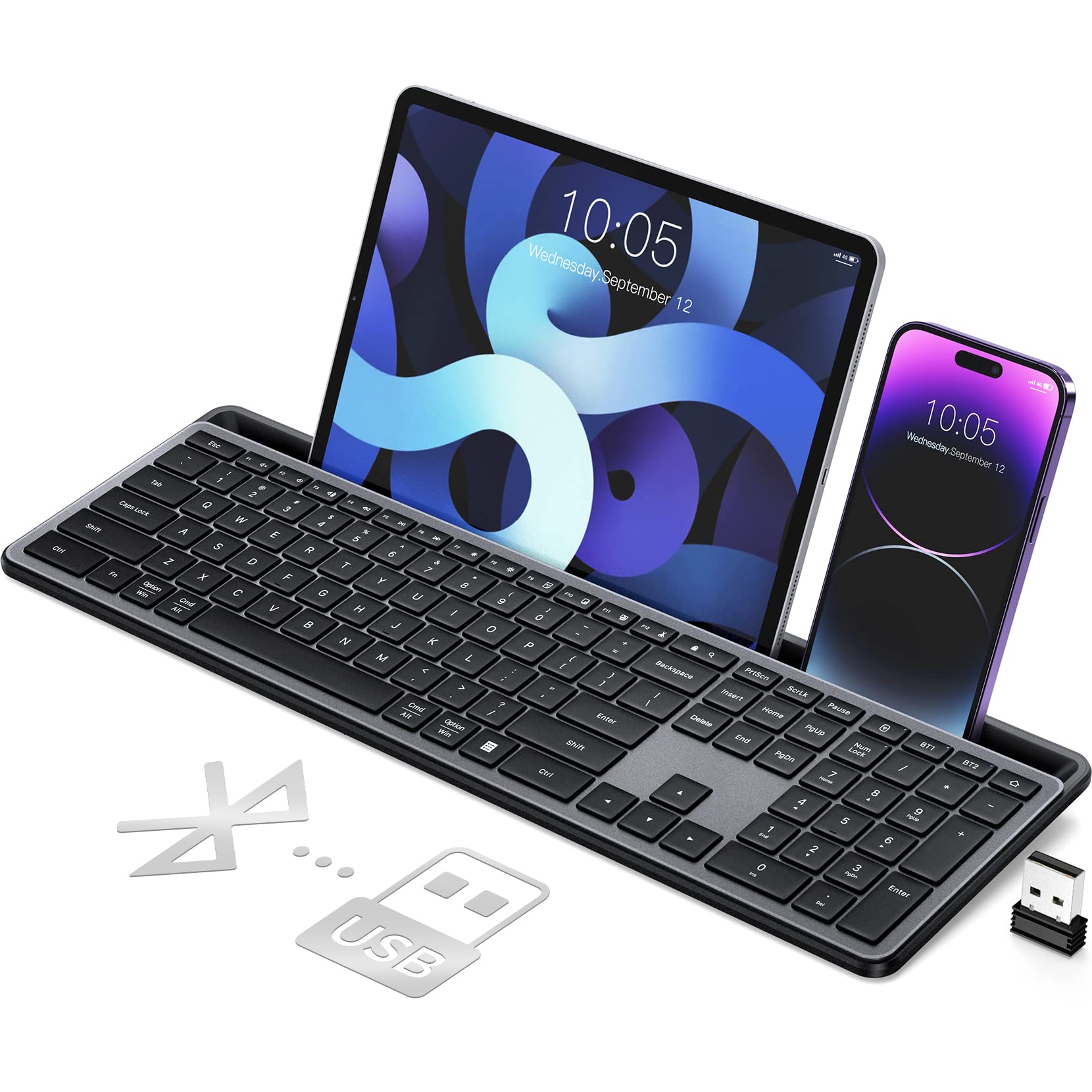 Wireless Keyboard,Multi-Device 2.4G/Bluetooth Keyboard Ultra-Slim Full Size Computer Keyboard With Numeric Pad,iPad Keyboard With Tablet Holder,Quiet USB Keyboard for iPad,iPhone,Laptop,PC,Mac