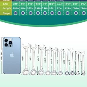 VICRING Small Wrench Set 20 Pcs Mini Wrench Set Metric SAE Ignition Wrench Set Open and Box End Wrench Set Combination Wrench Sets with Storage Pouches and Key Chains, 4mm-11mm & 5/32"-7/16" (Silver)