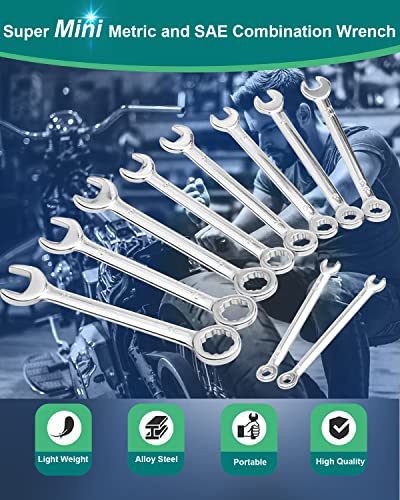 VICRING Small Wrench Set 20 Pcs Mini Wrench Set Metric SAE Ignition Wrench Set Open and Box End Wrench Set Combination Wrench Sets with Storage Pouches and Key Chains, 4mm-11mm & 5/32"-7/16" (Silver)