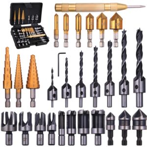 wenhuali 29-pack woodworking chamfer drilling tools, 6 countersink drill bits, 7 counter sinker drill bit, 8 wood plug cutter, 3 step drill bits and 3 countersink drill bit with 1pcs center punch.