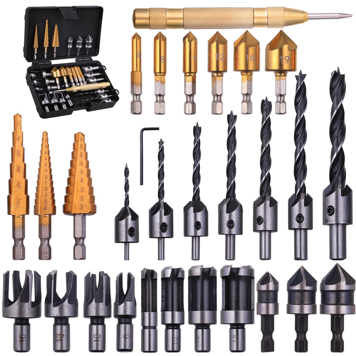 WENHUALI 29-Pack Woodworking Chamfer Drilling Tools, 6 Countersink Drill Bits, 7 Counter Sinker Drill Bit, 8 Wood Plug Cutter, 3 Step Drill Bits and 3 Countersink Drill Bit with 1pcs Center Punch.