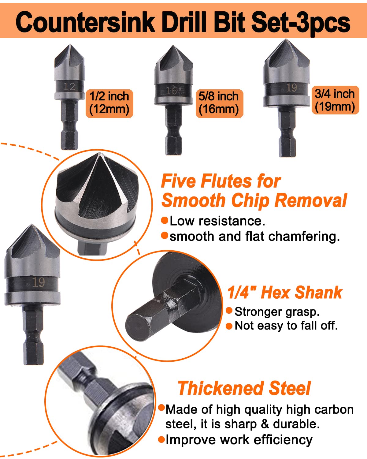 WENHUALI 29-Pack Woodworking Chamfer Drilling Tools, 6 Countersink Drill Bits, 7 Counter Sinker Drill Bit, 8 Wood Plug Cutter, 3 Step Drill Bits and 3 Countersink Drill Bit with 1pcs Center Punch.