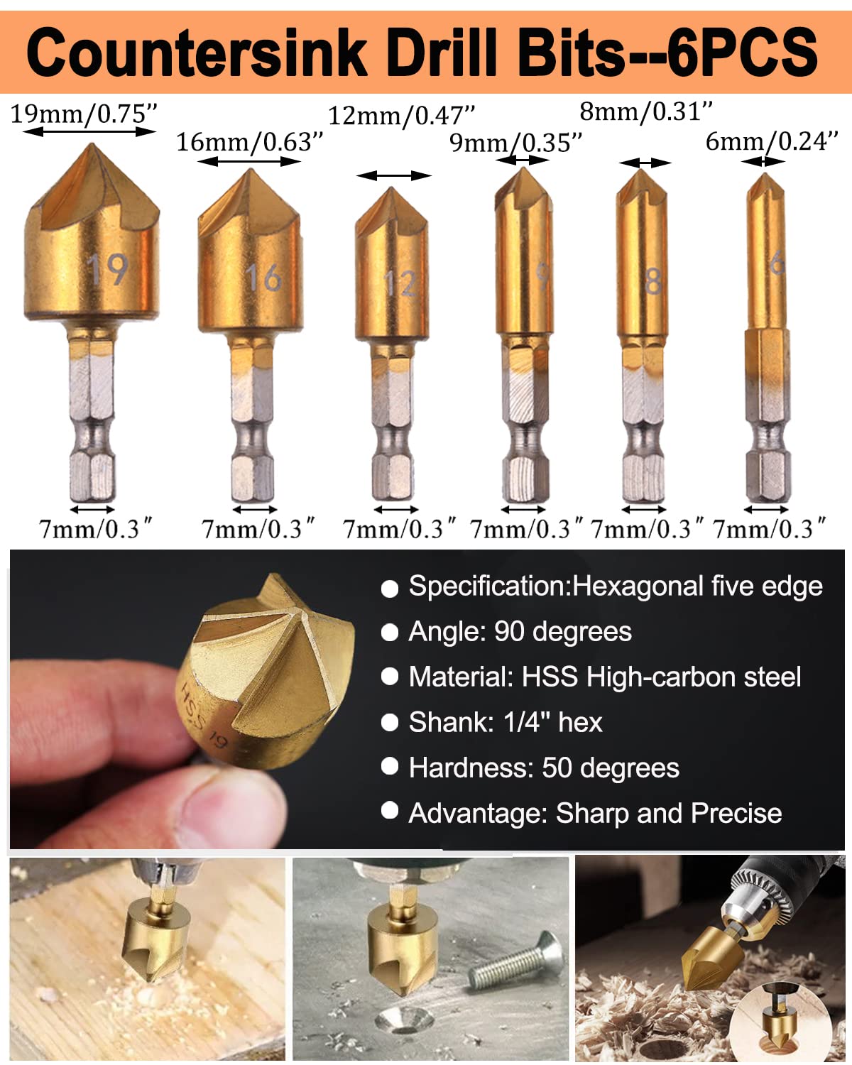 WENHUALI 29-Pack Woodworking Chamfer Drilling Tools, 6 Countersink Drill Bits, 7 Counter Sinker Drill Bit, 8 Wood Plug Cutter, 3 Step Drill Bits and 3 Countersink Drill Bit with 1pcs Center Punch.