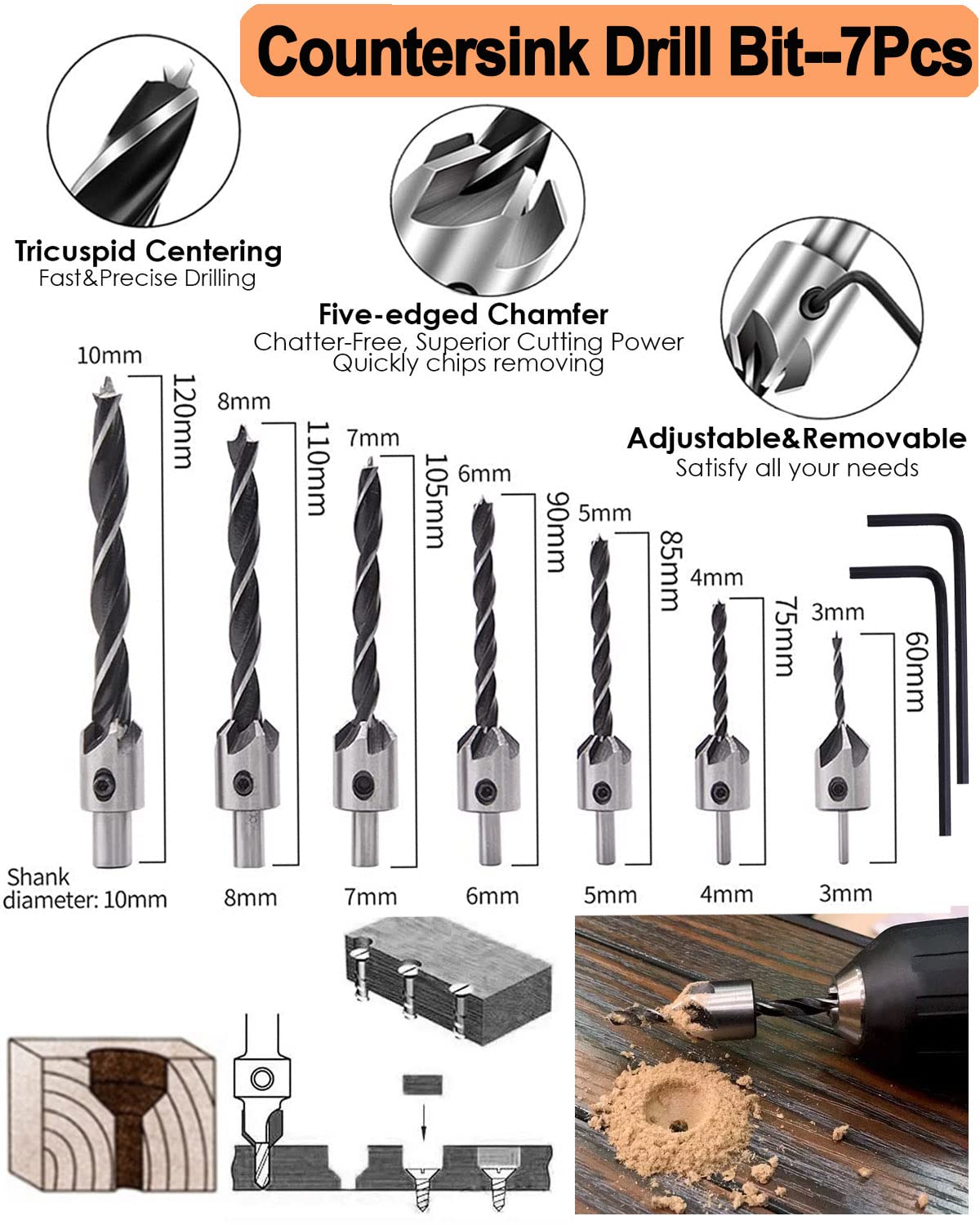 WENHUALI 29-Pack Woodworking Chamfer Drilling Tools, 6 Countersink Drill Bits, 7 Counter Sinker Drill Bit, 8 Wood Plug Cutter, 3 Step Drill Bits and 3 Countersink Drill Bit with 1pcs Center Punch.