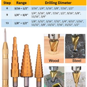 WENHUALI 29-Pack Woodworking Chamfer Drilling Tools, 6 Countersink Drill Bits, 7 Counter Sinker Drill Bit, 8 Wood Plug Cutter, 3 Step Drill Bits and 3 Countersink Drill Bit with 1pcs Center Punch.