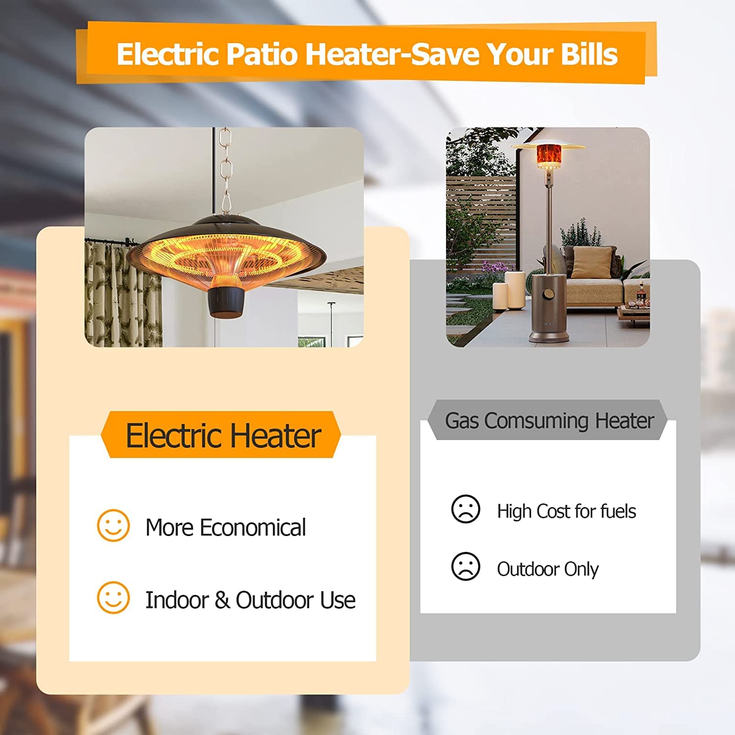Hanging Patio Heater, 600W-1500W Waterproof Outdoor/Indoor Electric infrared Hanging Heater, Infrared Patio Heater, for Balcony Patio Courtyard Garage