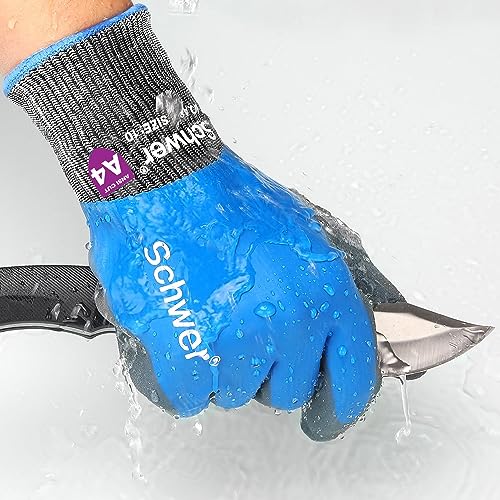 Schwer Waterproof Work Gloves, ANSI A4 Cut Resistant Gloves with Insulated Double Latex Coated, Super Grip for Gardening, Car and Fish Cleaning, 1 Pair, L