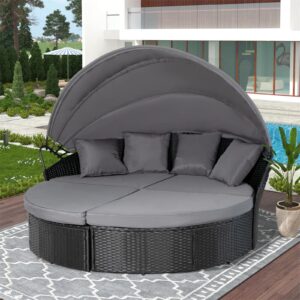 suncrown outdoor patio round circular daybed with retractable canopy black wicker furniture sectional seating seat patio backyard porch pool