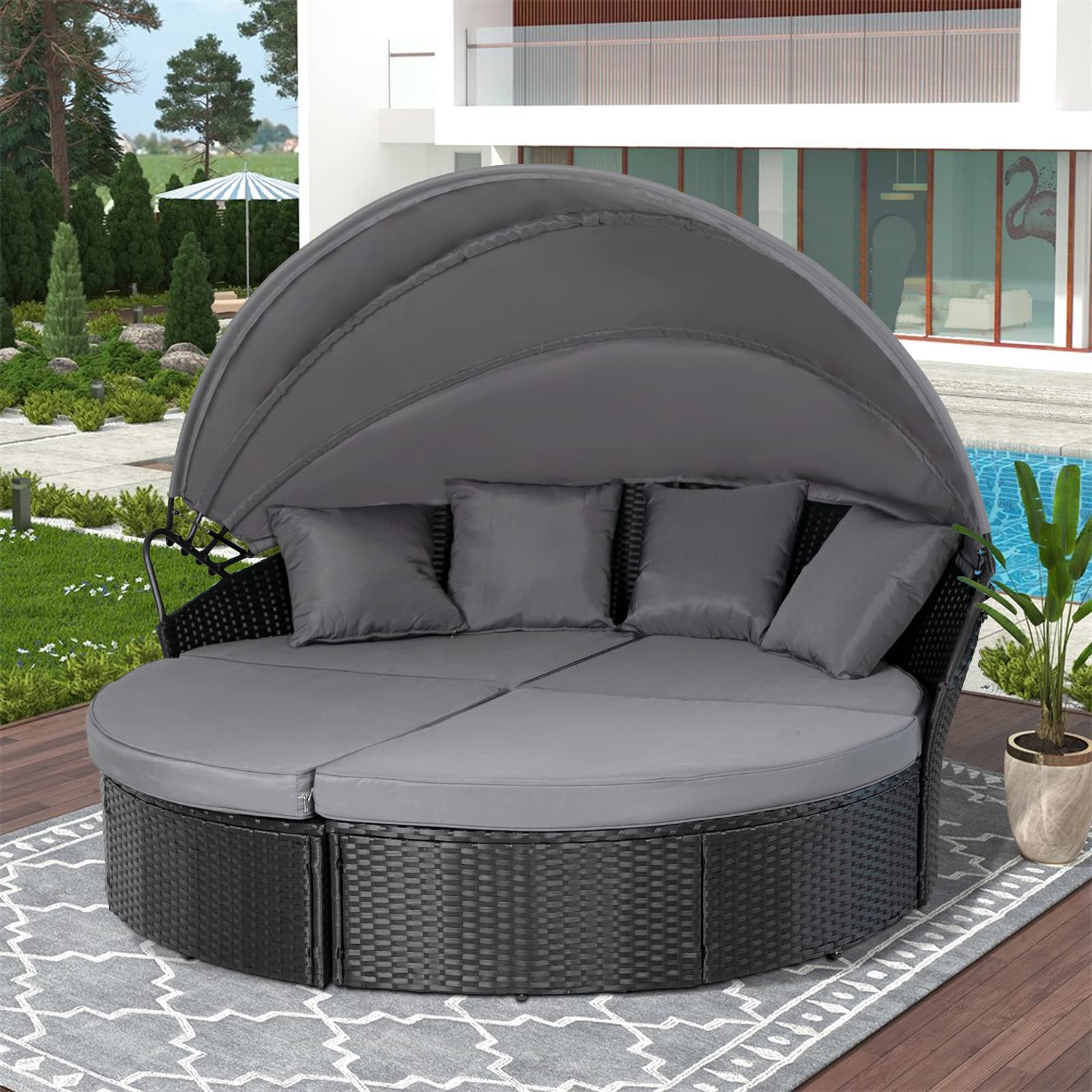 SUNCROWN Outdoor Patio Round Circular Daybed with Retractable Canopy Black Wicker Furniture Sectional Seating seat Patio Backyard Porch Pool