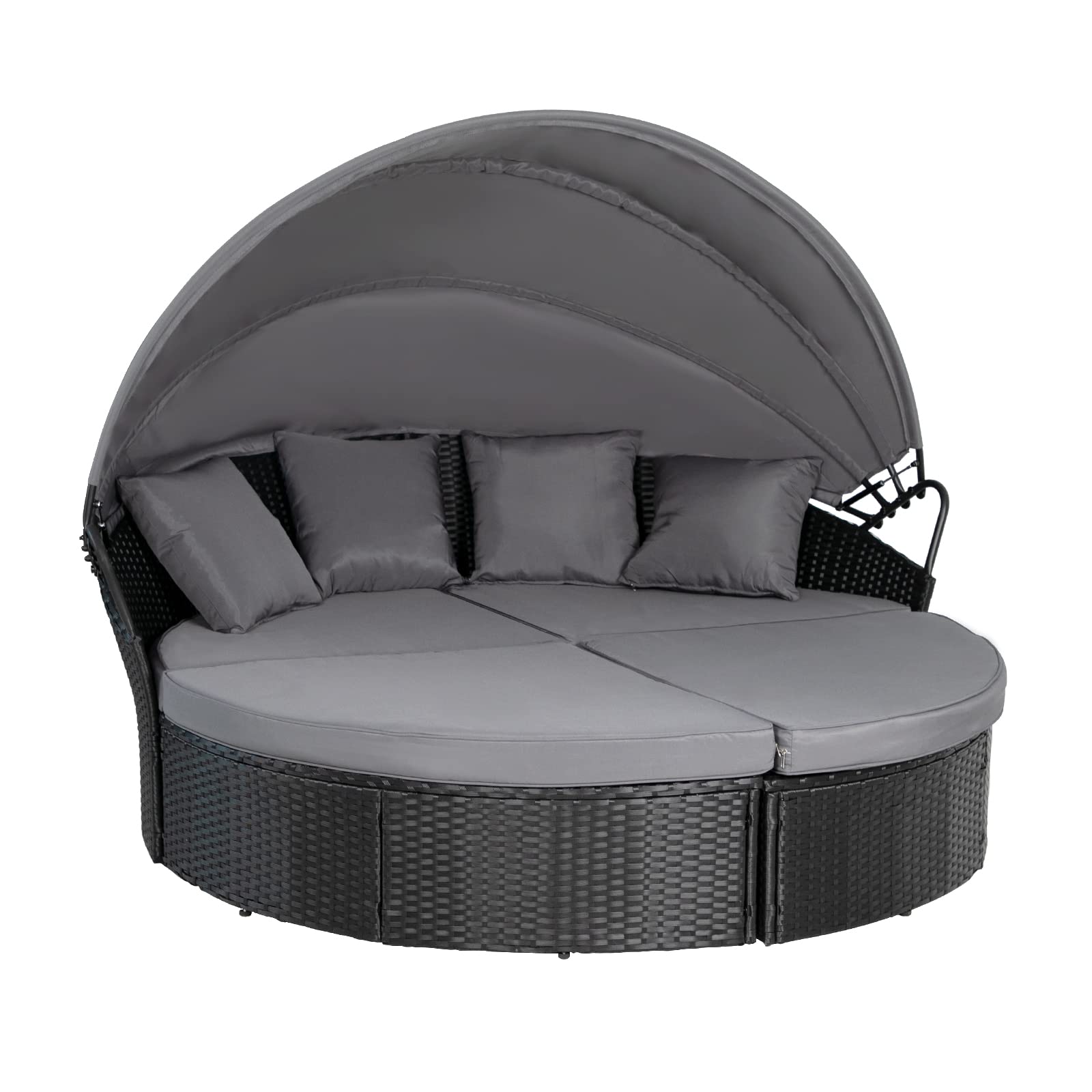 SUNCROWN Outdoor Patio Round Circular Daybed with Retractable Canopy Black Wicker Furniture Sectional Seating seat Patio Backyard Porch Pool