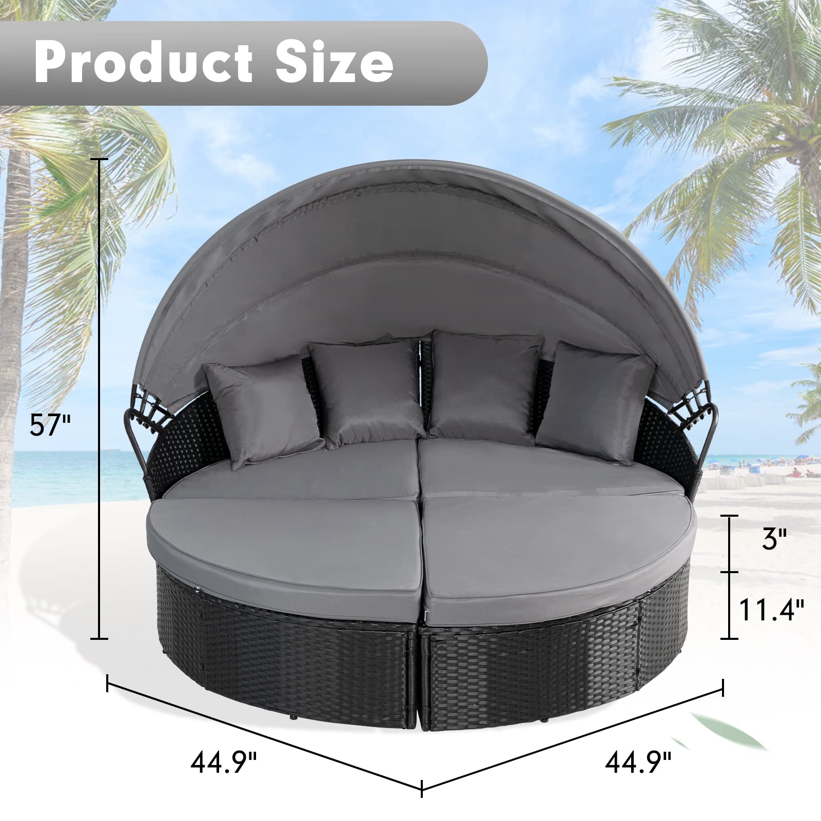 SUNCROWN Outdoor Patio Round Circular Daybed with Retractable Canopy Black Wicker Furniture Sectional Seating seat Patio Backyard Porch Pool