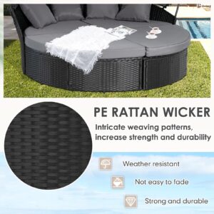 SUNCROWN Outdoor Patio Round Circular Daybed with Retractable Canopy Black Wicker Furniture Sectional Seating seat Patio Backyard Porch Pool
