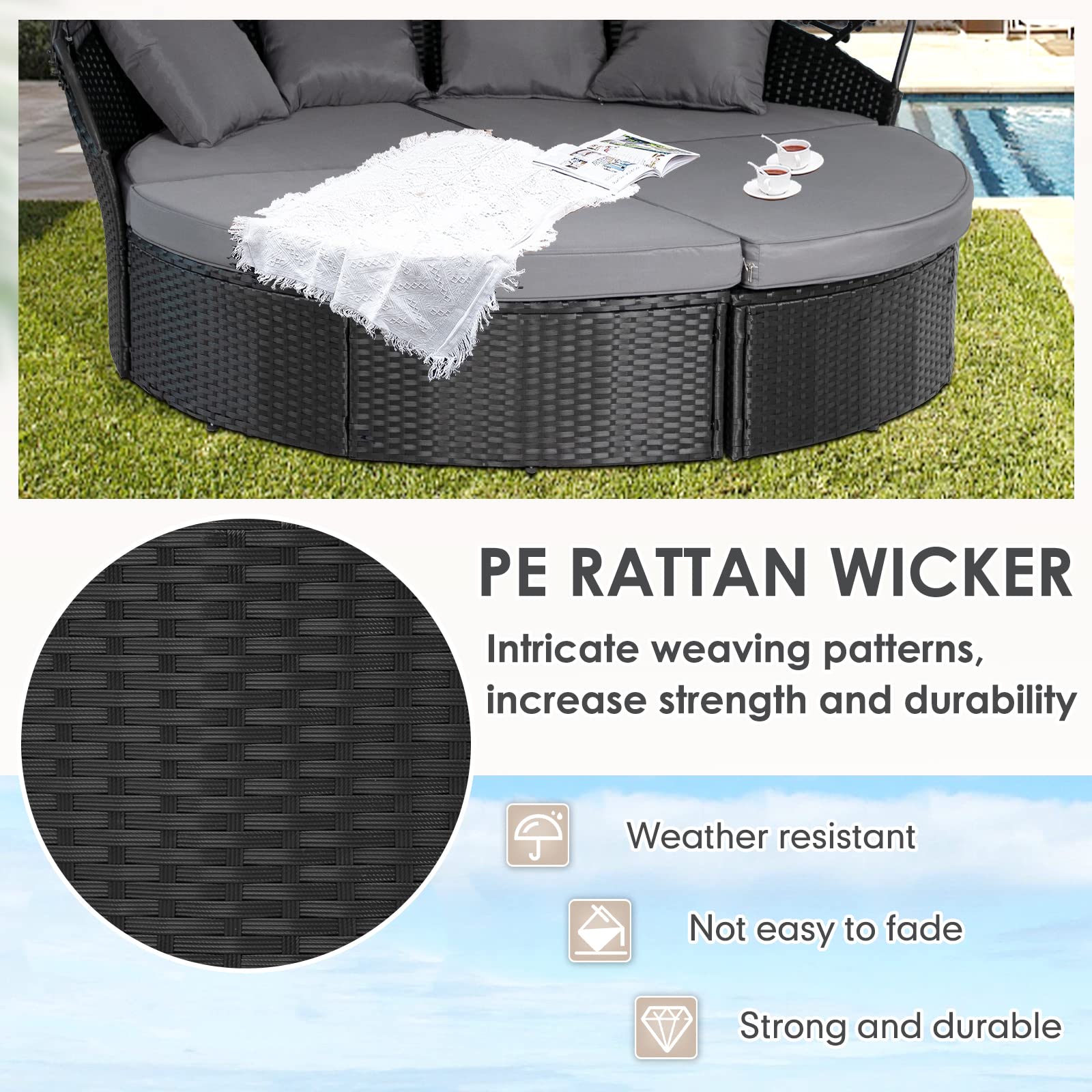 SUNCROWN Outdoor Patio Round Circular Daybed with Retractable Canopy Black Wicker Furniture Sectional Seating seat Patio Backyard Porch Pool