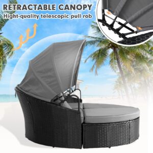 SUNCROWN Outdoor Patio Round Circular Daybed with Retractable Canopy Black Wicker Furniture Sectional Seating seat Patio Backyard Porch Pool