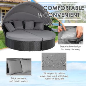 SUNCROWN Outdoor Patio Round Circular Daybed with Retractable Canopy Black Wicker Furniture Sectional Seating seat Patio Backyard Porch Pool