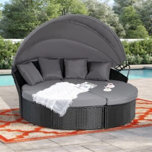 SUNCROWN Outdoor Patio Round Circular Daybed with Retractable Canopy Black Wicker Furniture Sectional Seating seat Patio Backyard Porch Pool