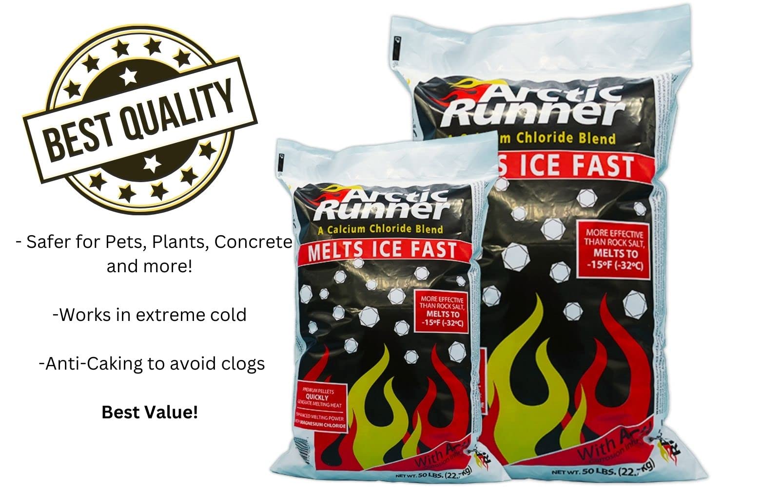 Arctic Runner Calcium Chloride Ice Melt- [Pallet of Ice Melt] 50 lb Bags- Pet, Concrete, Plant Friendly - Commercial Grade [No Magesium Chloride] Snow & Ice Melter- Melts to -15°F Pallet of (49 Bags)