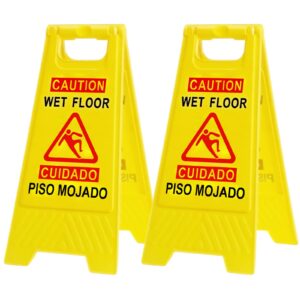 strlon caution wet floor sign bilingual foldable sturdy warning signs double-sided safety warning signs (2-pack yellow)