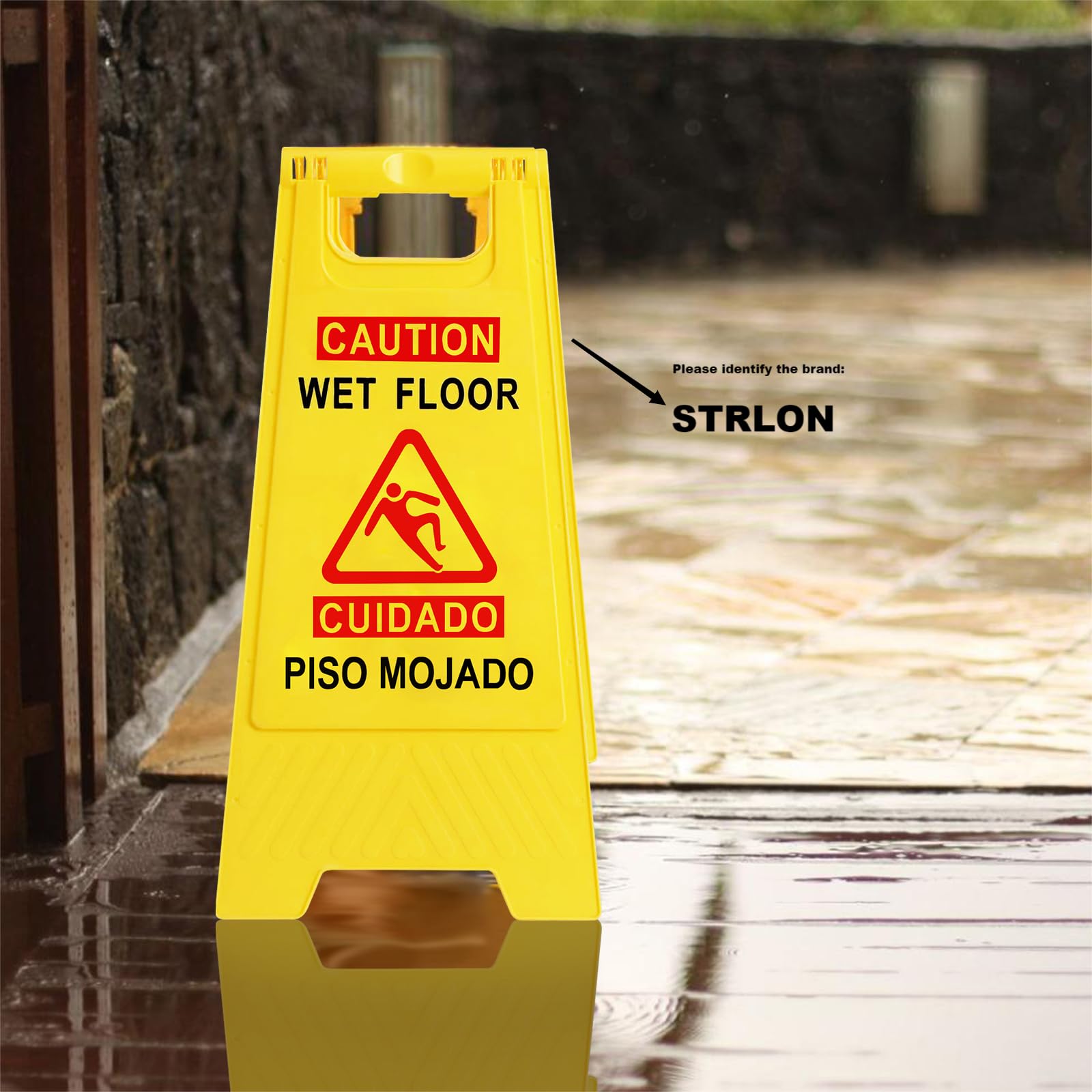 StrLon Caution Wet Floor Sign Bilingual Foldable Sturdy Warning Signs Double-Sided Safety Warning Signs (2-Pack Yellow)