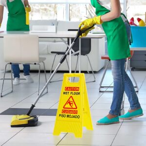 StrLon Caution Wet Floor Sign Bilingual Foldable Sturdy Warning Signs Double-Sided Safety Warning Signs (2-Pack Yellow)