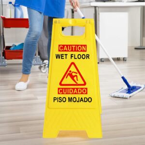 StrLon Caution Wet Floor Sign Bilingual Foldable Sturdy Warning Signs Double-Sided Safety Warning Signs (2-Pack Yellow)