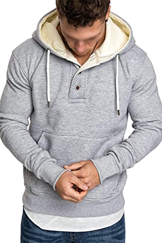 Maiyifu-GJ Men's Solid Color Sport Fleece Hoodie Casual Long Sleeve Henley Sweatshirt Slim Hooded Pullover With Kanga Pocket (Light Grey,Large)