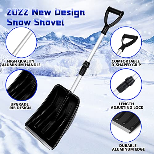 Folding Snow Shovel for Driveway, Ergonomic Snow Shovel with D-Grip Handle and Durable Aluminum Edge Blade, Portable Emergency Snow Shovel for Car Truck Camping