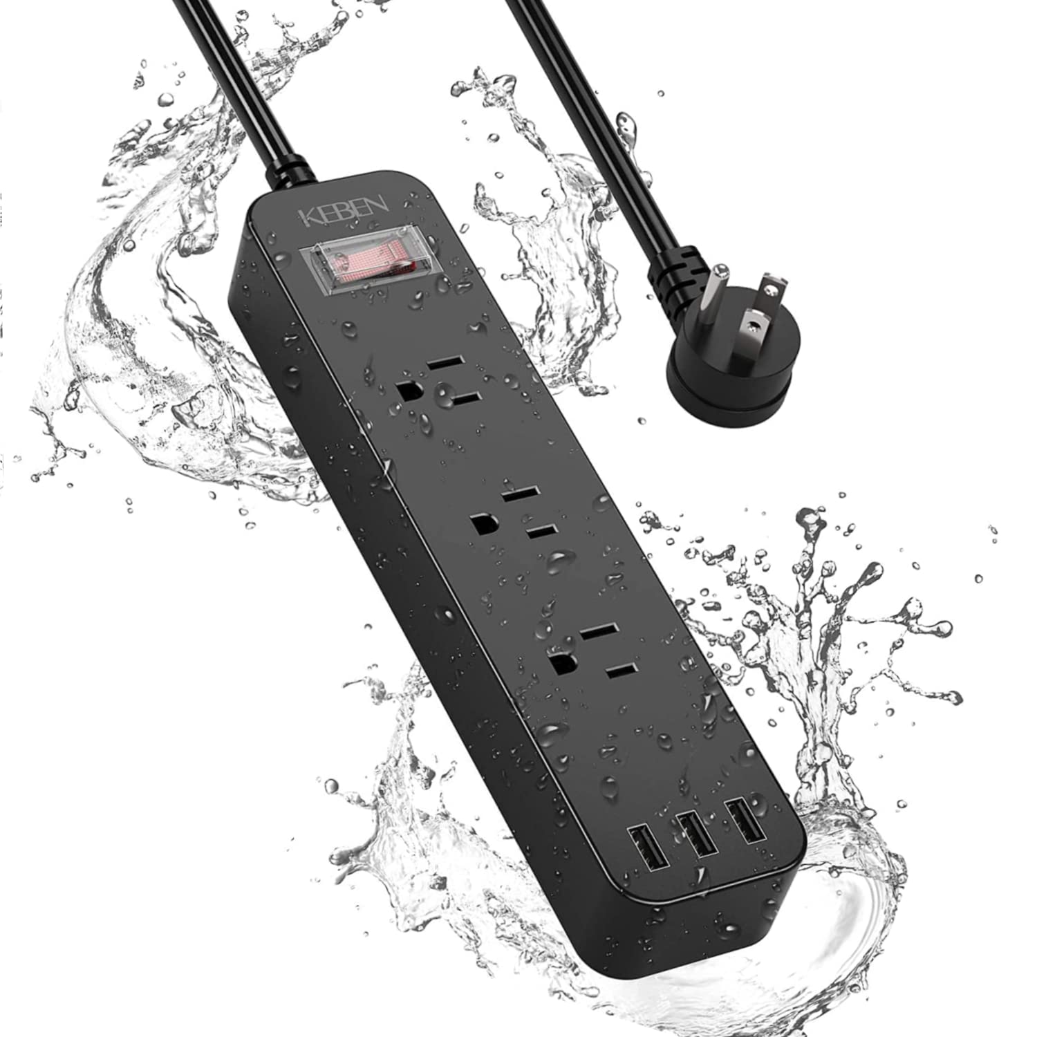 Outdoor Power Strip Weatherproof with USB Ports, 6ft Extension Cord Waterproof Power Strip with Surge Protector, 3 Wide Outlets with Switch, Officeroom Bedroom TV