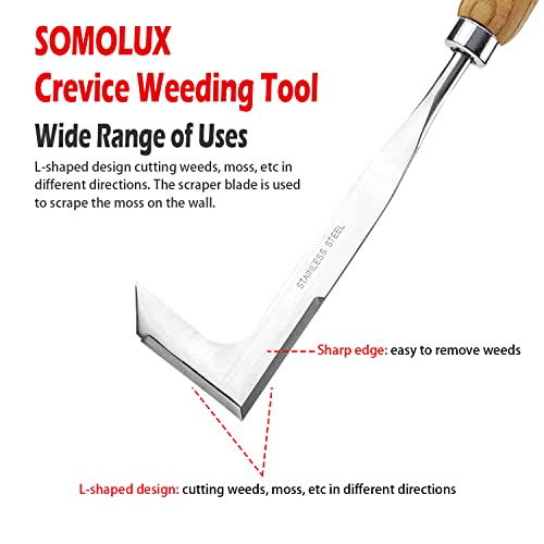 SOMOLUX Crack Weeder Crevice Weeding Tool, L-Shaped Side-Walk Weed Puller Spatula, 13" Stainless Steel Manual Weeding Sickle for Garden Lawn Yard Patio/Terrace Paving Moss Gardening Tool