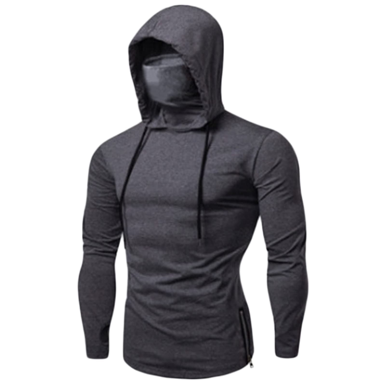 Maiyifu-GJ Men's Casual Pullover Hoodies with Mask Long Sleeve Workout Hooded Sweatshirt Lightweight Windproof Hoodie Blouse (Grey,Medium)