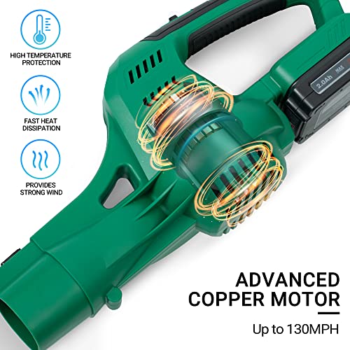 WISETOOL 20V Cordless Leaf Blower with Battery and Charger, Leaf Blower Battery Operated, Rechargeable Electric Handheld Leaf Blower Variable Speed with 2 Tubes for Patio, Leaves & Snow Blowing-Green