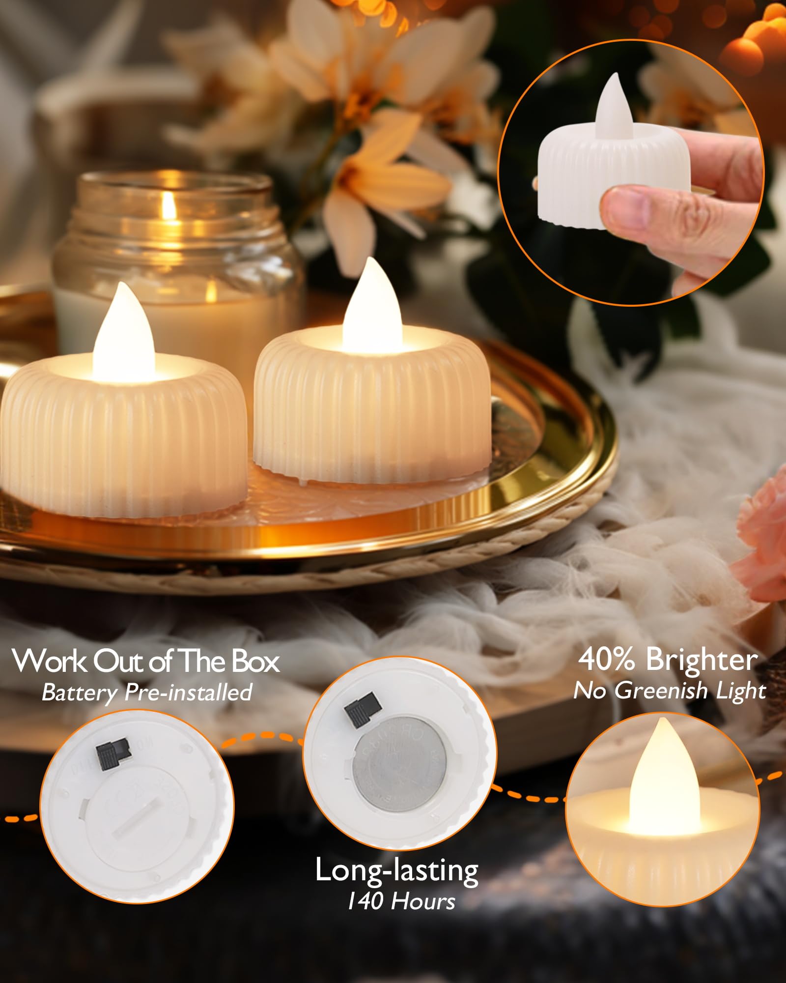 Raycare 24Pack Flameless LED Tea Lights Battery Operated, Last 3X Longer Fake Electric Tealights Candles Flickering Votive Candles for Halloween, Christmas, Wedding Decor, Centerpiece Table Decor