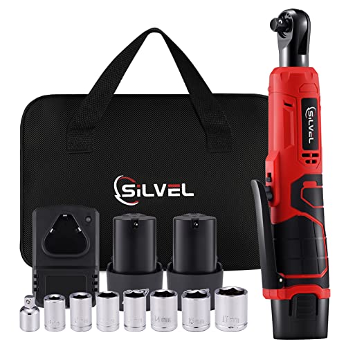 SILVEL 3/8" Cordeless Electric Ratchet Wrench Set, 12V 46 Ft-lbs Power Ratchet Kit With 2-Pack 2.0 Ah Lithium-Ion Batteries, 400 RPM Speed, 7 Sockets and 1/4" Adapter