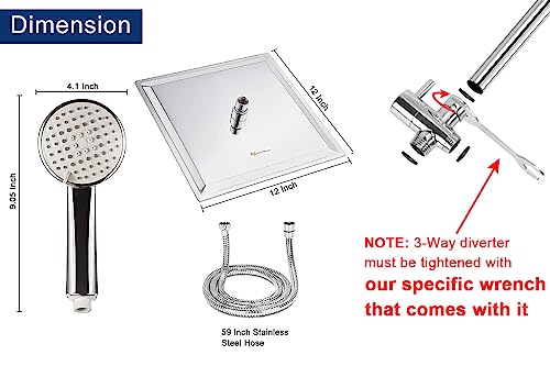 Shower Head Combo with 11'' Extension Arm，High Pressure Rain Shower Head with Handheld Shower Spray and Holder/ 1.5M Hose，Dual Rainfall Showerhead Set，Chrome (12 Inch)