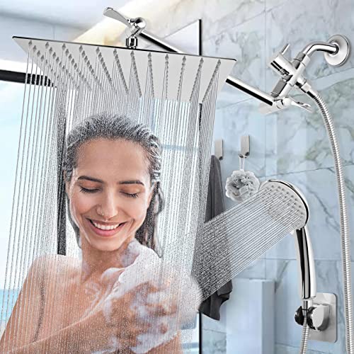 Shower Head Combo with 11'' Extension Arm，High Pressure Rain Shower Head with Handheld Shower Spray and Holder/ 1.5M Hose，Dual Rainfall Showerhead Set，Chrome (12 Inch)