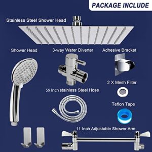 Shower Head Combo with 11'' Extension Arm，High Pressure Rain Shower Head with Handheld Shower Spray and Holder/ 1.5M Hose，Dual Rainfall Showerhead Set，Chrome (12 Inch)